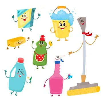 Set of funny house cleaning characters, detergents, bucket, mop, sponge Stock-Illustration