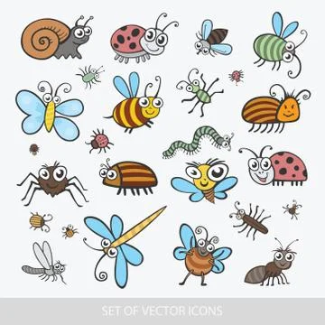 Set funny insects. Isolated on white background. Wasp, bee, bumblebee, butter Stock Illustration