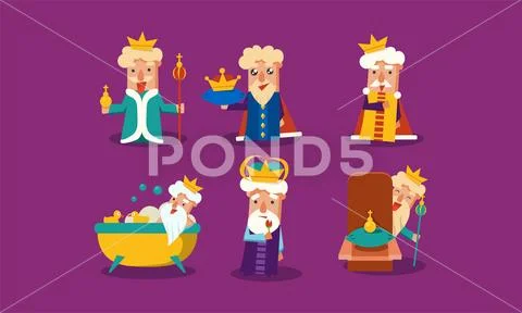 Set of funny king with different emotions. Old man with golden crown. Flat Stock Illustration