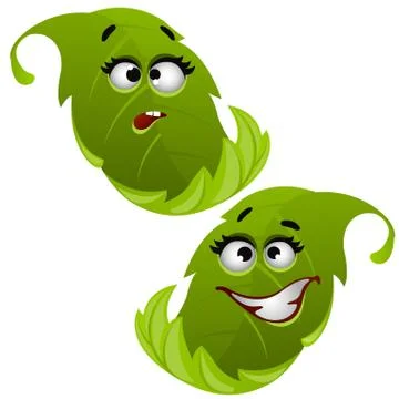 Set of funny laughing green tree leaf isolated on white background. Vector Stock Illustration