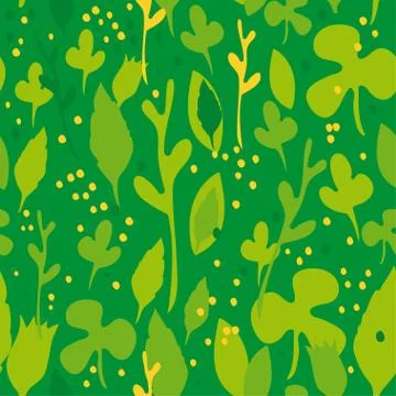 Set of funny leaves. Seamless pattern on a green background. Stock Illustration