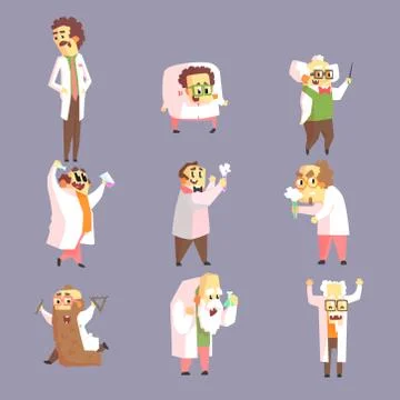 Set Of Funny Mad Scientists In Lab Coats Stock Illustration