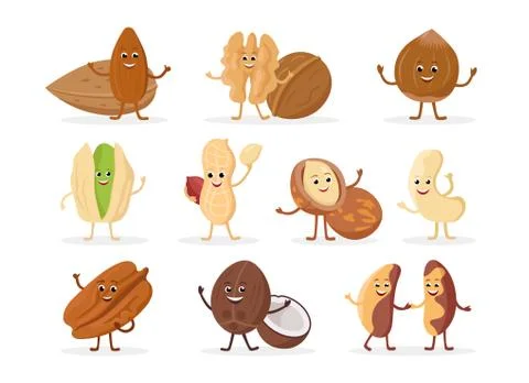 Set of funny nuts cartoon characters smiling with hands and legs isolated on Stock Illustration