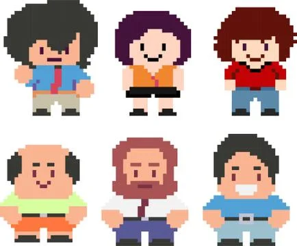 Set of funny pixel characters Stock Illustration