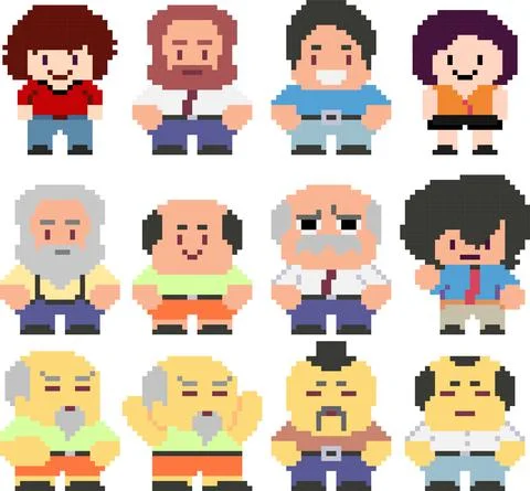 Set of funny pixel characters Stock Illustration