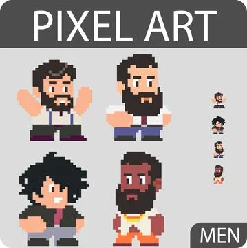 Set of funny pixel characters Stock Illustration
