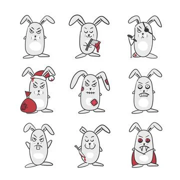 Set of funny rabbits. Evil characters - stickers on white background Ilustración de archivo