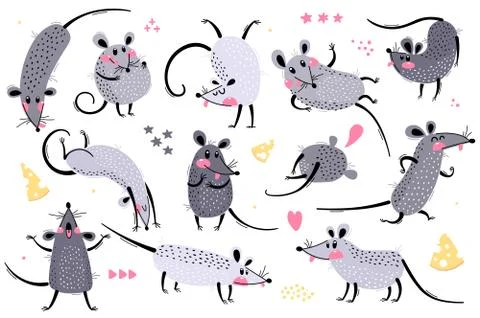 Set of funny rats for design. Cute little mice in different poses. Merry mouse Illustrazione stock