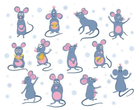 Set of funny rats in different poses. Cute mouse with cheese. Vector collection Stock Illustration