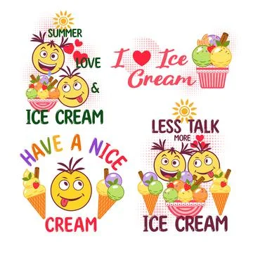 Set of funny romantic label with ice cream sundae, crazy emoji love couple,.. Stock Illustration