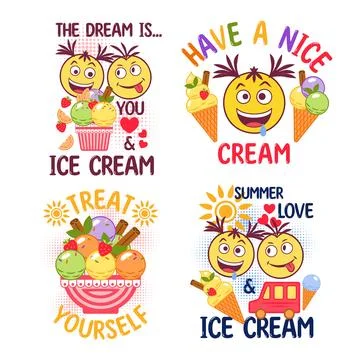 Set of funny romantic label with ice cream, crazy emoji love couple, text Stock Illustration