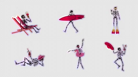 Set of Funny Skeletons on vacation on the beach Stock Footage 276736898