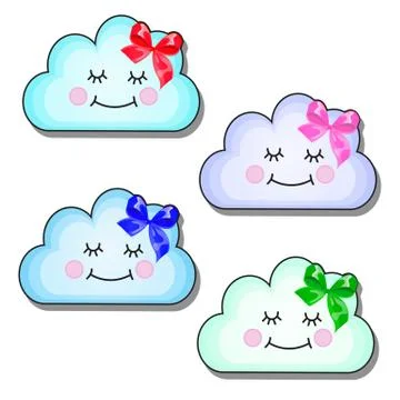 Set of funny smiling clouds with ribbon bow isolated on a white background Stock Illustration