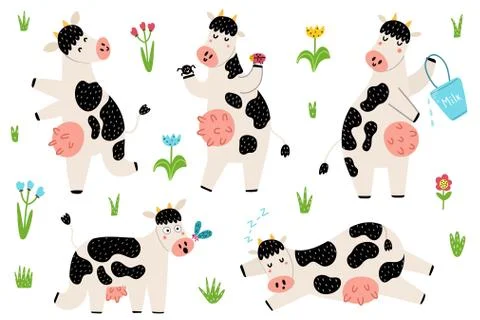 Set with funny spotted cows standing, sleeping, running Stock Illustration