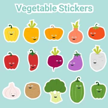 Set of funny vegetable stickers Stock Illustration
