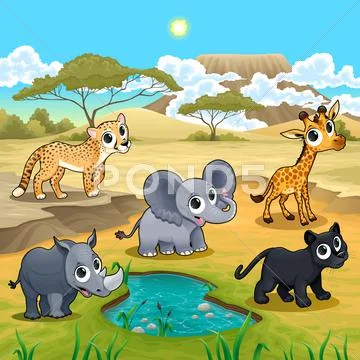Set of funny wild animals in the nature Stock Illustration