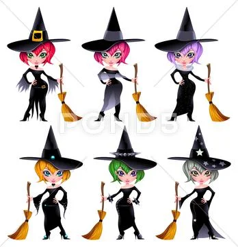 Set of funny witches. Stock Illustration