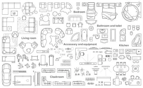 Set of furniture top view for apartments plan. Floor plan, Interior icon. Vector Stock Illustration