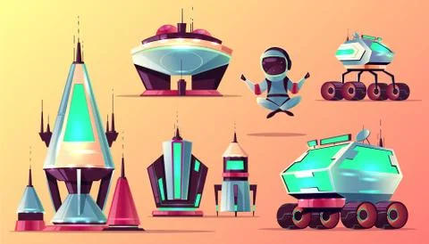 Set of future space exploring cartoon icons Иллюстрация
