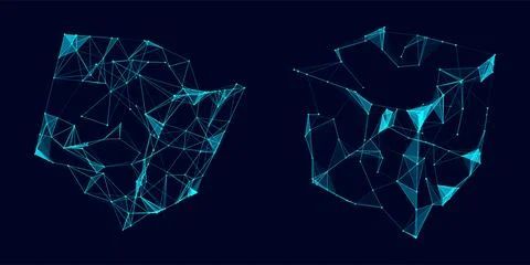 Set of futuristic blue wireframe cubes. Technology blockchain concept. Collec 스톡 일러스트