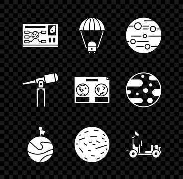 Set Futuristic hud interface, Space capsule and parachute, Planet Mars, Moon Stock Illustration