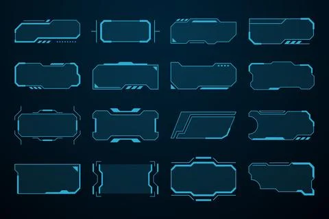 Set of futuristic HUD title frames with neon blue outlines on a dark backgrou Stock Illustration