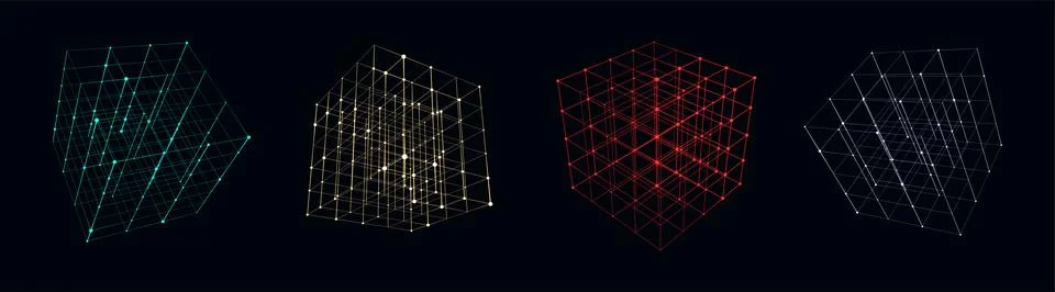 Set of futuristic multicolored wireframe cubes. Technology blockchain conce.. Illustrazione stock