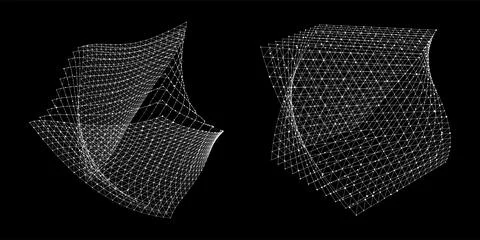 Set of futuristic twisted wireframe cubes. Technology blockchain concept. C.. Illustrazione stock