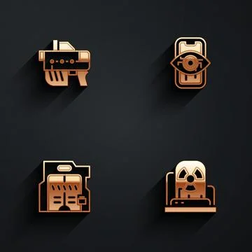 Set Futuristic weapon, Computer vision, sliding doors and Radioactive warning Illustrazione stock
