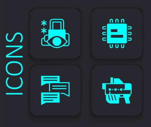 Set Futuristic weapon, Cyber security, Processor CPU and Speech bubble chat icon 스톡 일러스트