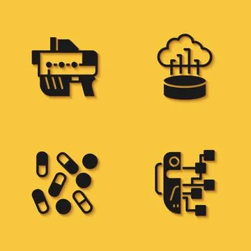 Set Futuristic weapon, Humanoid robot, Medical pill biohacking and Network cloud Illustrazione stock