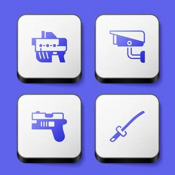 Set Futuristic weapon, Security camera, and Katana icon. White square button Illustrazione stock