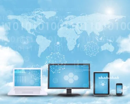 Set of gadgets on blue sky background Ilustração Stock