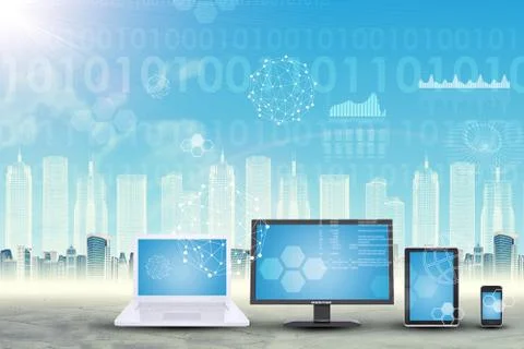 Set of gadgets on cityscape background Stock Illustration