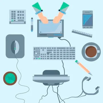 Set gadgets mouse, keyboard, tablet, headphones, calculator, mon Ilustração Stock