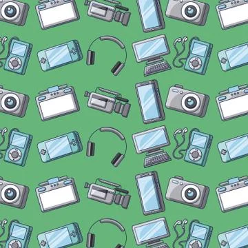 Set of gadgets technology device digital elements seamless pattern 库存插图