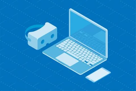 Set of gadgets for virtual and augmented reality. Isometric computer with sma Stock Illustration
