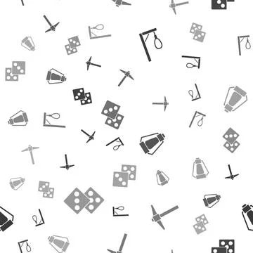 Set Gallows, Pickaxe, Camping lantern and Game dice on seamless pattern. Vector Stock Illustration