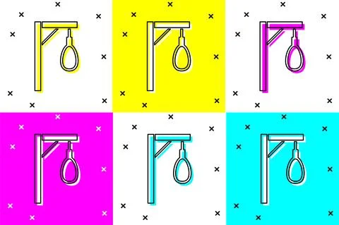 Set Gallows rope loop hanging icon isolated on color background. Rope tied into Stock Illustration