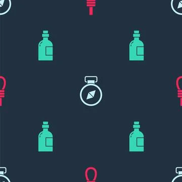 Set Gallows rope loop hanging, Compass and Alcohol drink Rum on seamless pattern Stock Illustration