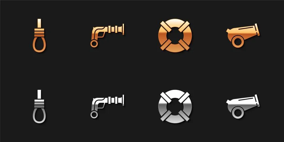Set Gallows rope loop hanging, Vintage pistols, Lifebuoy and Cannon icon. Vector Stock Illustration
