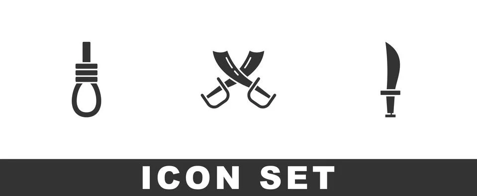 Set Gallows rope loop hanging, Crossed pirate swords and Pirate icon. Vector Stock Illustration