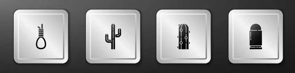 Set Gallows rope loop hanging, Cactus, and Bullet icon. Silver square button Illustrazione stock