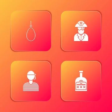 Set Gallows rope loop hanging, Pirate captain, Sailor and Alcohol drink Rum Stock Illustration
