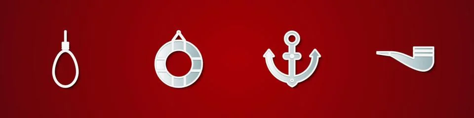 Set Gallows rope loop hanging, Lifebuoy, Anchor and Smoking pipe icon. Vector Stock Illustration