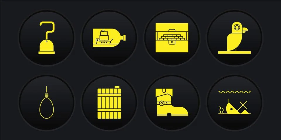 Set Gallows rope loop hanging, Pirate parrot, Wooden barrel, Leather pirate イラスト素材