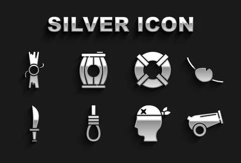 Set Gallows rope loop hanging, Pirate eye patch, Cannon, captain, sword Illustrazione stock