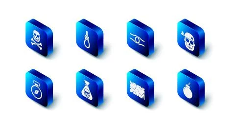 Set Gallows rope loop hanging, Rope tied knot, Skull, Bomb ready to explode Stock Illustration