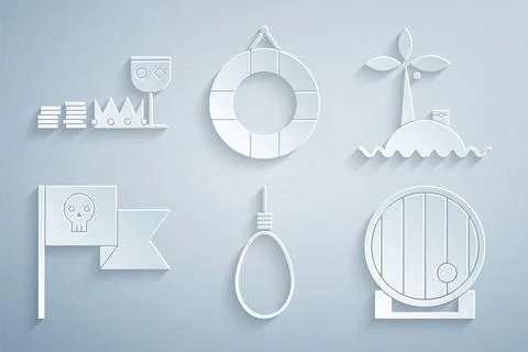 Set Gallows rope loop hanging, Tropical island ocean, Pirate flag with skull Stock Illustration