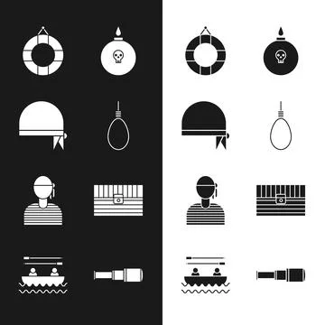 Set Gallows rope loop hanging, Pirate bandana for head, Lifebuoy, Bomb ready to 库存插图